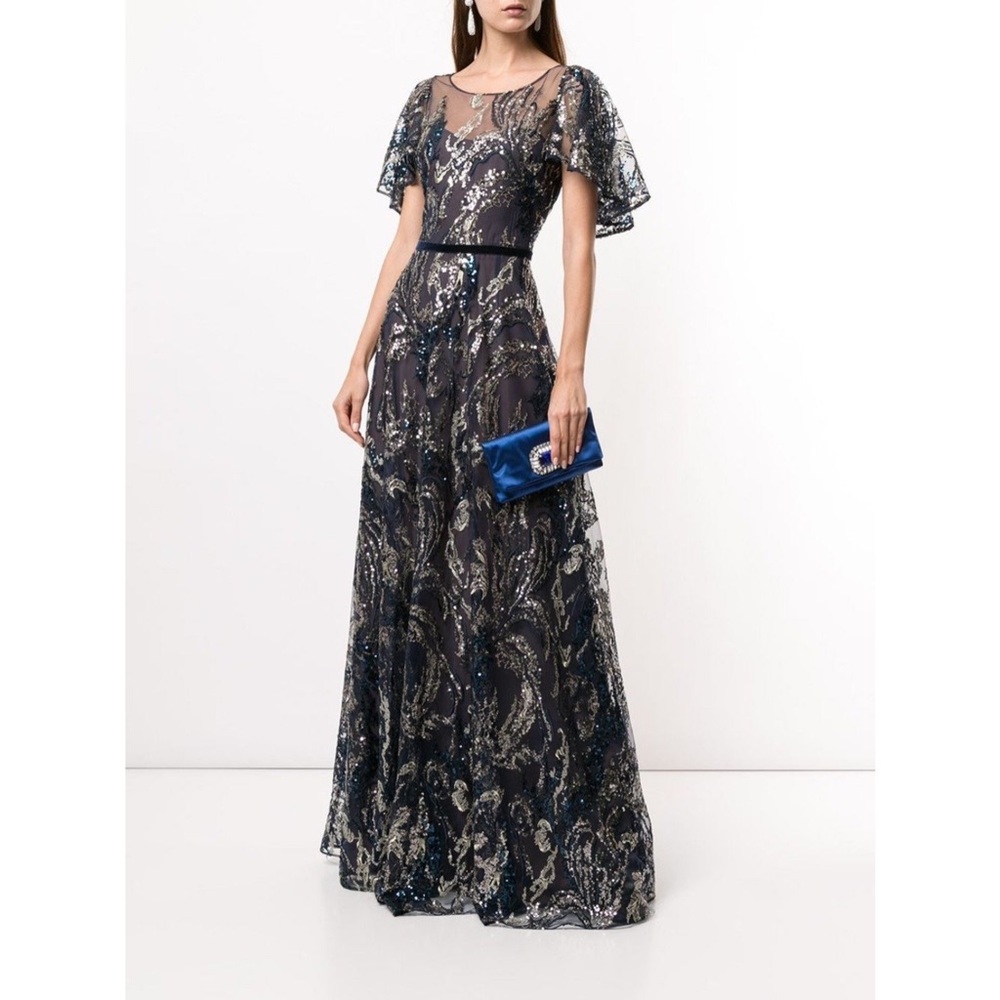 MARCHESA NOTTE - Velvet-trimmed embellished tulle gown